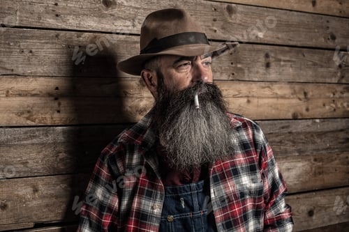 Preview: Smoking Vintage Worker Man With Long Gray Beard In Jeans Dungarees. Standing Against Wooden Wall.
