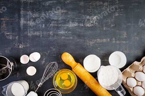 Preview: Flour with kitchen accessories for making dough. Dough for baking.
