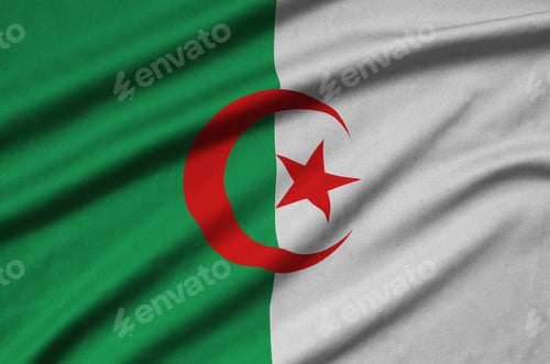 Preview: Algeria flag is depicted on a sports cloth fabric with many folds. Sport team waving banner
