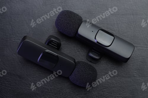 Preview: Lavalier microphones on black table, flat lay