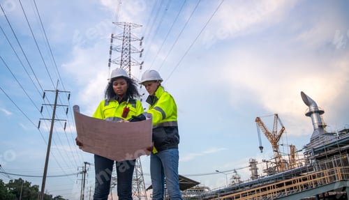 Preview: Engineers wearing safety gear, including hard hats examining survey a large blueprint tablet standin
