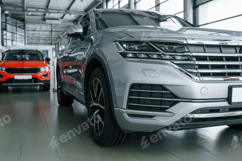 Preview: Front view of modern new silver colored car and red one behind