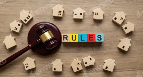 Preview: A gavel sits in the center of colorful blocks that spell out 'rules,' with small wooden house