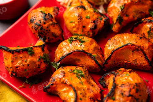 Preview: Tandoori momo, veg or non veg in red and cream sauce, served with sauce. Nepal and Tibet recipe