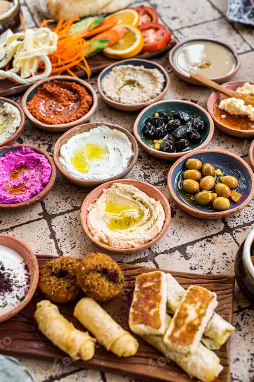 Preview: Turkish family breakfast table with pastries, vegetables, greens, spreads, cheeses, fried eggs