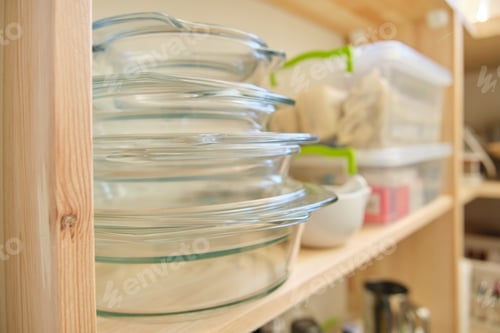 Preview: Wooden shelves with food and kitchen utensils in the pantry