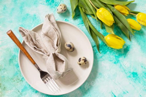 Preview: Holidays Easter table Setting with spring flowers.