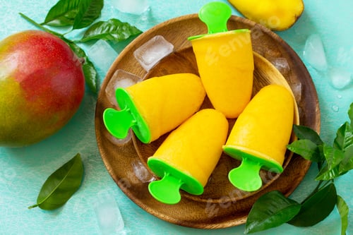 Preview: Healthy vegan orange mango citrus ice cream popsicle. Summer dessert. Top view flat lay background.