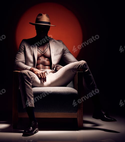 Preview: Silhouette man, fitness or fashion on studio black, red background light with body skin, strong sto