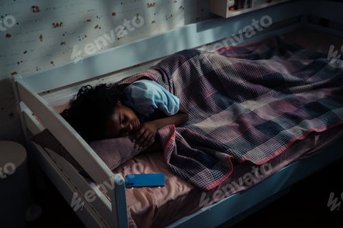 Preview: African teen girl sleeping near phone in dark room