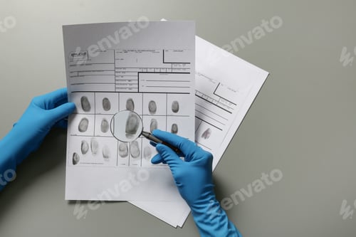 Preview: Criminologist exploring fingerprints with magnifier on grey background