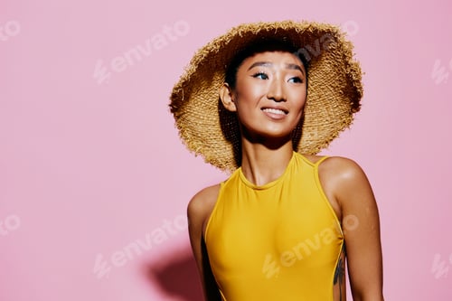Preview: Woman smile yellow trendy beauty summer swimsuit portrait lifestyle background fashion pink emotion