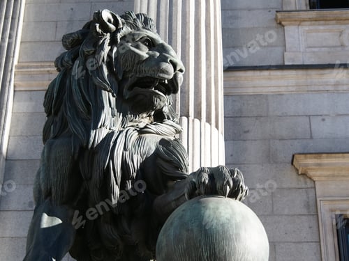 Preview: Lion statue at entrance to Congress of Deputies, Madrid, Spain