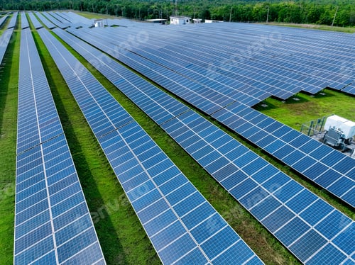 Preview: Aerial view of solar farm. Solar power for green energy. Sustainable resources. Solar cell panels