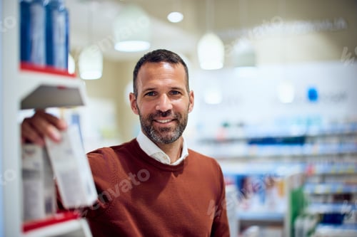 Preview: Smiling Man in Pharmacy with Shelf of Products in Focused Background