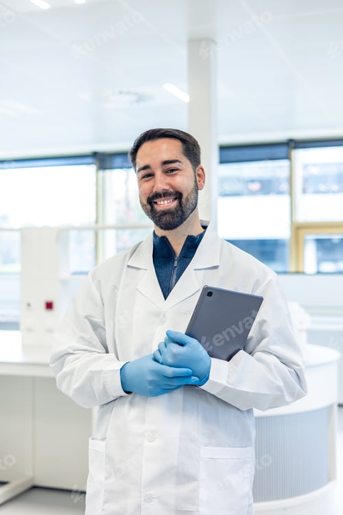 Preview: Scientist smiling and holding tablet in laboratory
