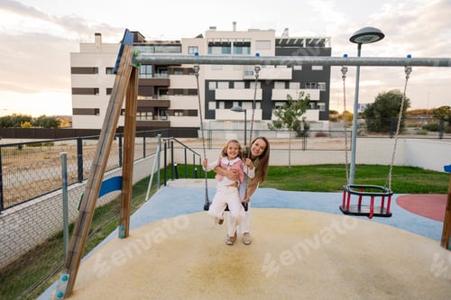 Preview: Mother and daughter playing together enjoying playground swing