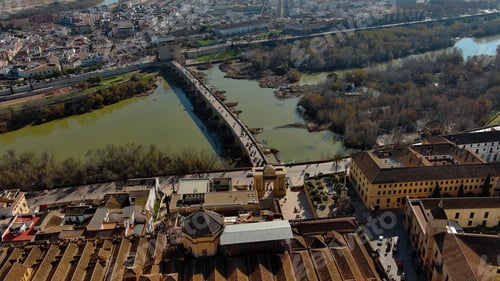 Preview: Establishing Aerial View Shot of The Roman bridge of Cordoba, Andalusia, Spain