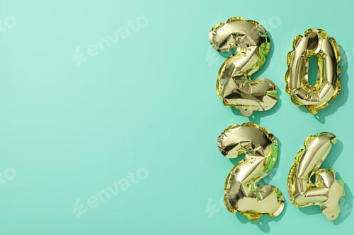 Preview: New Year 2024 with golden balloons on a light background