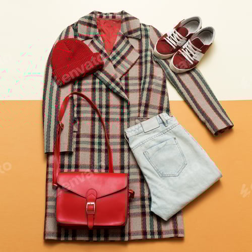 Preview: Checkered coat and red accessories. Fashion Trendy Urban Style