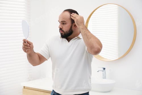 Vista previa: Baldness problem. Man with receding hairline looking at mirror indoors