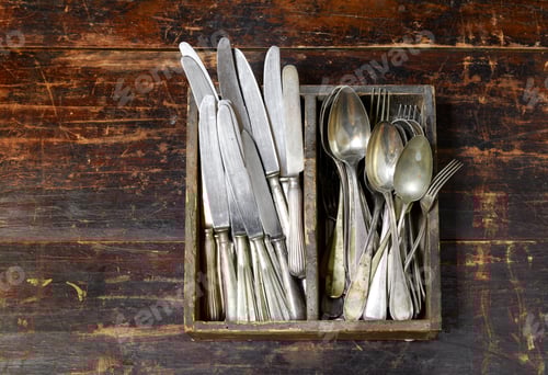 Preview: Collection of old vintage cutlery in a wooden tray