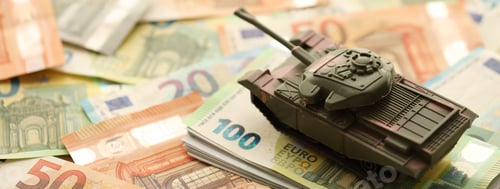 Preview: Many euro banknotes and tank. Lot of bills of European union currency and green tank
