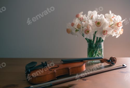 Preview: Bouquet of flowers and violin on table