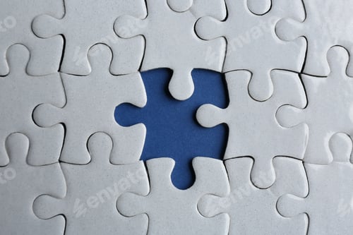 Preview: White puzzle with missing piece on blue background, top view. Career promotion concept