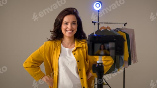 Preview: Joyful Caucasian woman girl trendy streamer influencer recording digital blog female laugh gesturing