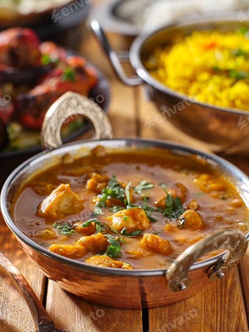 Preview: indian butter chicken curry in balti dish on table top