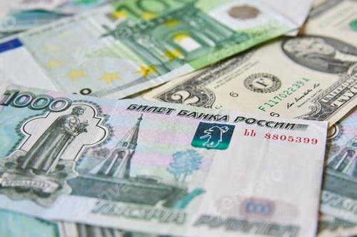 Preview: background of paper bills dollars, euros and rubles. Currency exchange rate