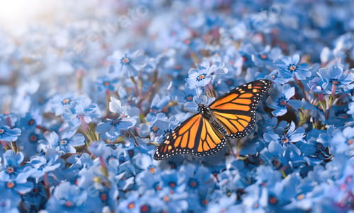 Preview: Monarch butterfly sitting on blue flowers