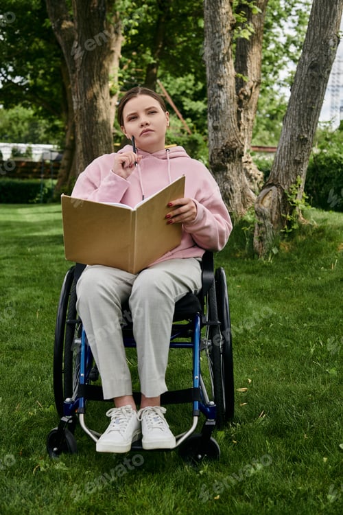 Preview: Young woman in wheelchair reflecting in park