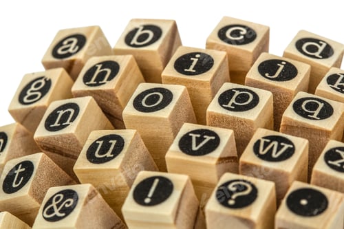 Preview: English alphabet lowercase, collage of isolated wood letterpress