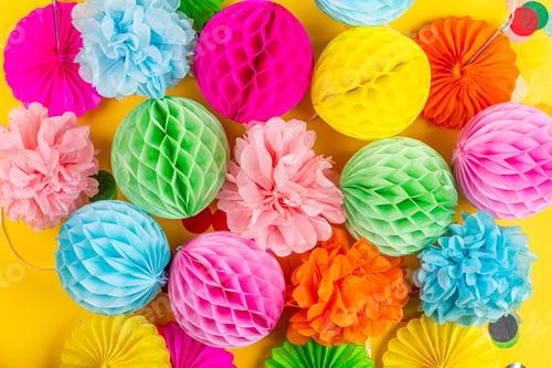 Preview: Happy birthday decor with confetti on yellow background, top view. Flat lay style. Mock up, template