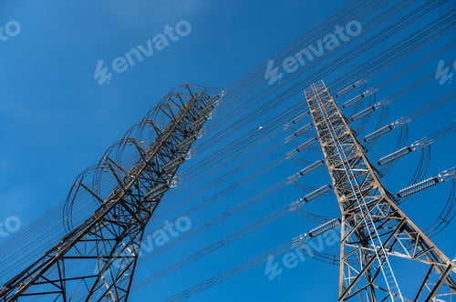 Preview: Closeup of communication and satellite tower with connecting wires transferring electricity