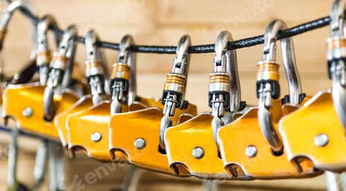 Preview: carabiners for climbers hung on a rope