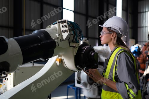 Preview: In the robots warehouse, Female engineer happily with updating software and calibrating a robotics