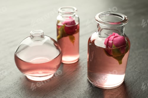 Preview: Open perfume bottles with aromatic essential oils and roses on grey textured table, closeup