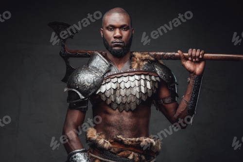 Preview: Heroic and wild soldier in steel armor with axe on his shoulders