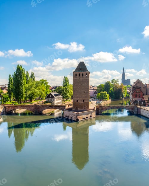 Preview: Strasbourg, medieval bridge Ponts Couverts and Cathedral. Alsace, France