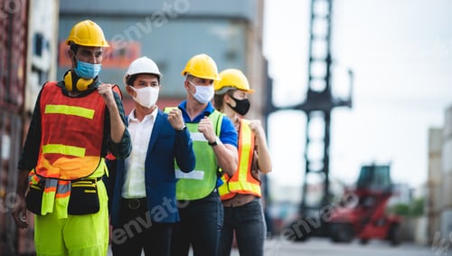 Preview: Workers person wear protective surgical face masks for safety in machine industrial
