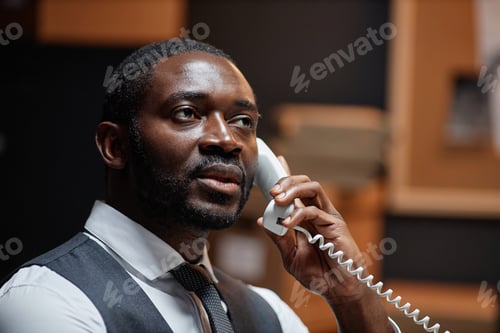 Preview: Dramatic closeup Black man as detective speaking by landline phone in office