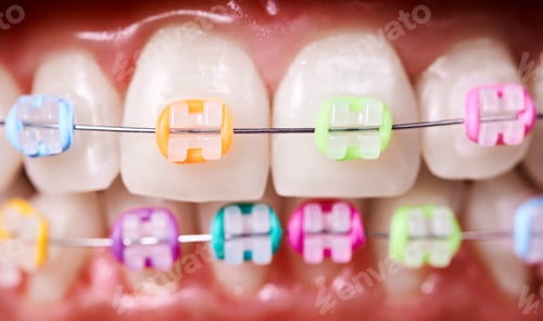 Preview: Orthodontic brackets with rubber bands on patient teeth.