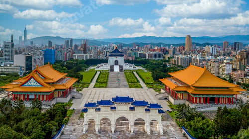 Preview: Aerial view Chiang Kai Shek Memorial Hall and Taipei city skyline and skyscraper background, Taipei.