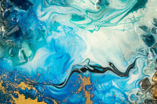 Preview: Closeup of resin art painting with blue sea waves mixing colors. Texture of epoxy resin effect