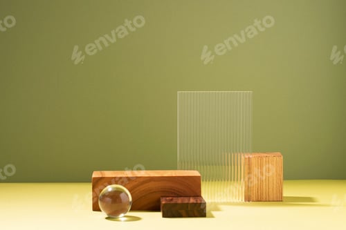 Preview: Creative abstract podium made of wooden figures and glass, dark green background hard light shadow
