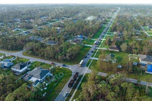 Preview: Aerial view of american yellow school bus picking up children at sidewalk bus stop