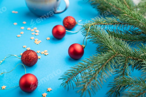 Preview: Christmas or New Year composition. Decorations, red balls, fir and spruce